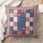 ハート、バラ赤、白、青フェイクパッチワーク クッション (ブランケット)