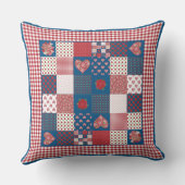 ハート、バラ赤、白、青フェイクパッチワーク クッション (裏面)