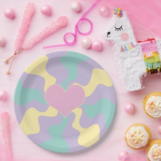 ハート – パステルピンク、黄、紫、緑 ペーパープレート (パーティー)