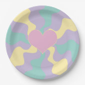 ハート – パステルピンク、黄、紫、緑 ペーパープレート (正面)