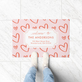 ハート – ピンクと赤のファミリーアドレス ドアマット