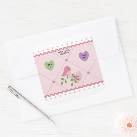 ハート(ピンクの鳥のバレンタイン) スクエアシール (封筒)