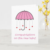 ハート(ピンク)が付いている傘-おめでとうの新生児 カード (黄色い花)