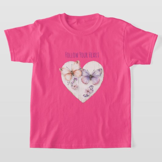 ハート ピンク 紫色の蝶と花 Tシャツ (レイダウン)