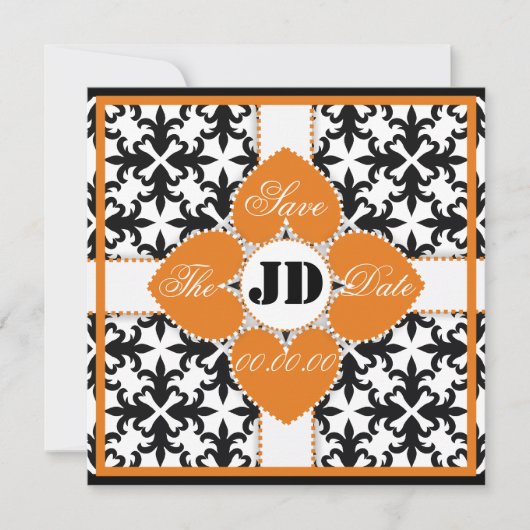 ハート フラワー オン ダマスク セーブ ザ デート アナウンスメント セーブザデート (正面)