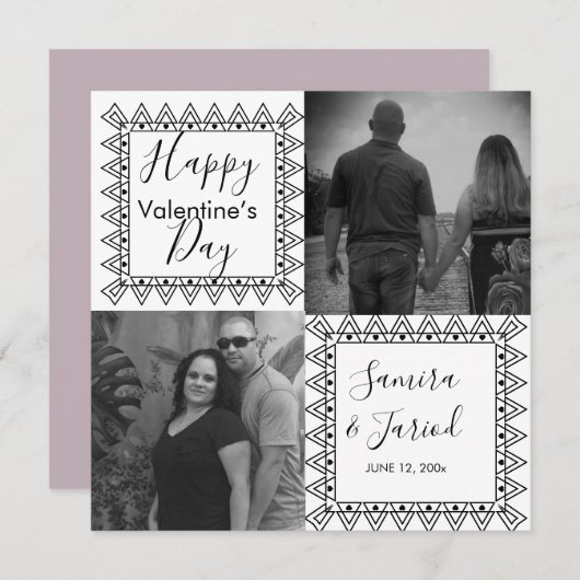 ハート フレーム 黒 白 フォト バレンタイン デー カード (正面/裏面)