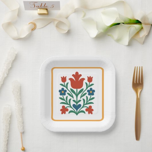 ハート&ペタルフローラフォークアートパーティー ペーパープレート (ウェディング)