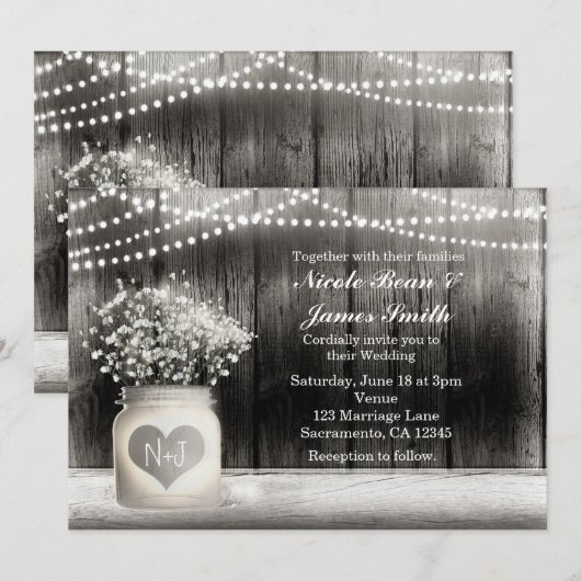 ハート メイソンジャー & ベイビーズブレス ラスティック インビテーション (正面/裏面)