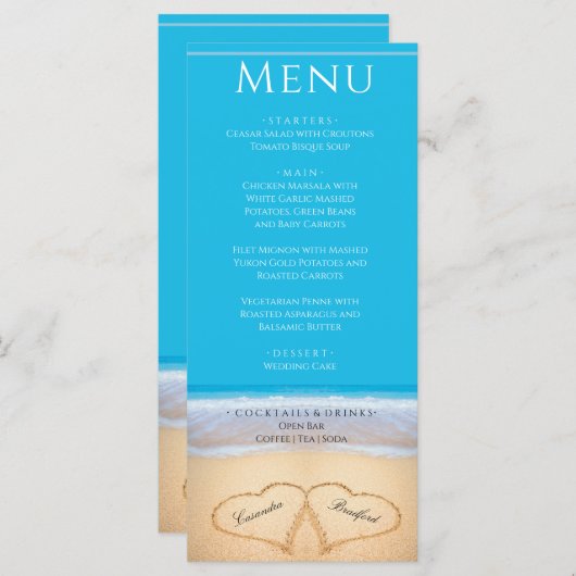 [ハート]メニューの2つのビーチ結婚式 メニュー (正面/裏面)