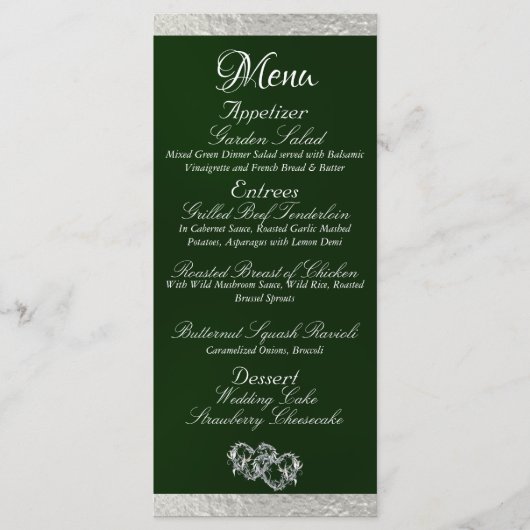 ハート&モノグラム – エメラルド/シルバー結婚ズ メニュー (正面)