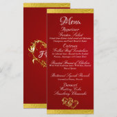 ハート&モノグラム – クリムゾンレッド/金ゴールド結婚ズ メニュー (正面/裏面)