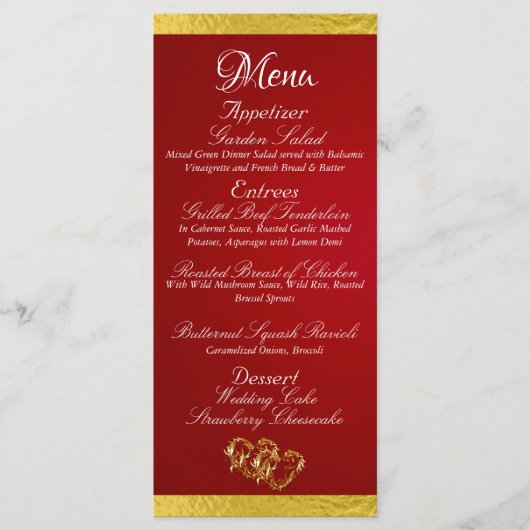 ハート&モノグラム – クリムゾンレッド/金ゴールド結婚ズ メニュー (正面)