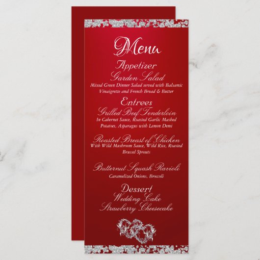 ハート、モノグラム&グリッター – クリムゾン結婚ズ メニュー (正面/裏面)