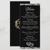 ハート、モノグラム&グリッター – ブラック結婚ズ メニュー (正面/裏面)