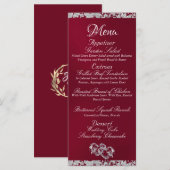 ハート、モノグラム&グリッター – ブルゴーニュ結婚ーズ メニュー (正面/裏面)