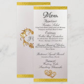 ハート&モノグラム – ホワイトパール/金ゴールド結婚ズ メニュー (正面/裏面)