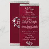 ハート&モノグラム – Burgundy/Silver 結婚's メニュー (正面/裏面)