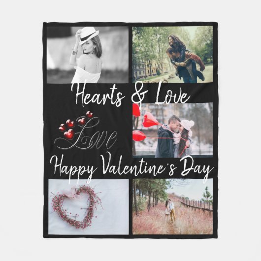 ハート&ラブバレンタインデー黒写真 フリースブランケット (正面)