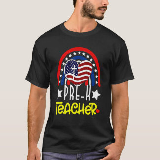 ハート レインボー Pre K 先生 アメリカ国旗 7月4日 Tシャツ