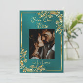 ハート、写真および金ゴールドフレームティール（緑がかった色） セーブザデート (スタンド正面)