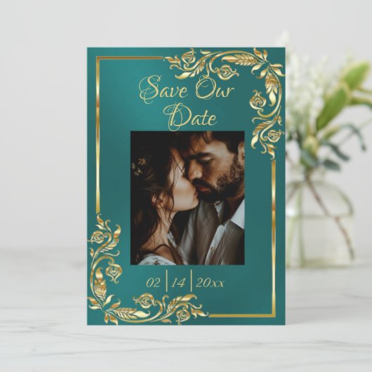 ハート、写真および金ゴールドフレームティール(緑がかった色) セーブザデート (スタンド正面)