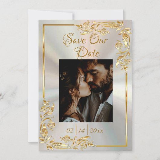 ハート、写真と金ゴールドのフレーム(ホワイトパール) セーブザデート (正面)