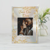 ハート、写真と金ゴールドのフレーム(ホワイトパール) セーブザデート (スタンド正面)