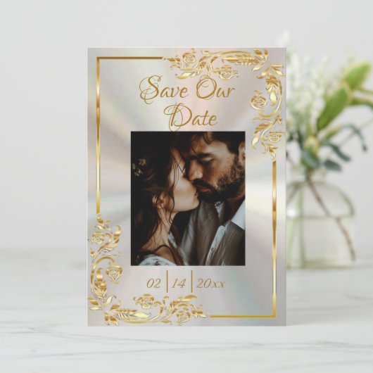 ハート、写真と金ゴールドのフレーム(ホワイトパール) セーブザデート (スタンド正面)