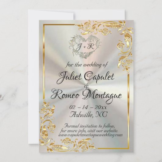 ハート、写真と金ゴールドのフレーム（ホワイトパール） セーブザデート (裏面)