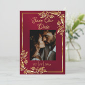 ハート、写真と金ゴールドのフレーム(Burgundy) セーブザデート (スタンド正面)