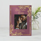 ハート、写真と金ゴールドフレームのラベンダー セーブザデート (スタンド正面)