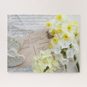ハート、古いポストカードの春の花 ジグソーパズル
