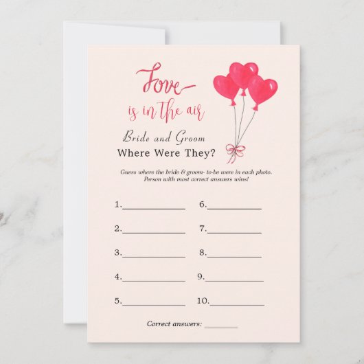 ハート「彼らはどこにいた」ブライダルシャワーゲーム 招待状 (正面)