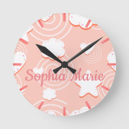 ハート、星、渦巻くピンクのそよ風 ラウンド壁時計