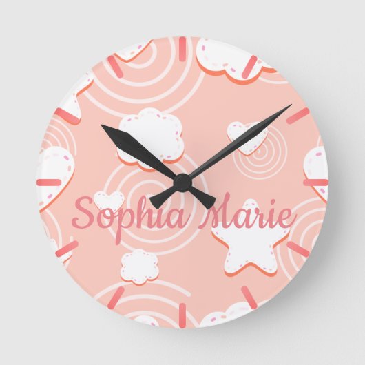 ハート、星、渦巻くピンクのそよ風 ラウンド壁時計 (正面)