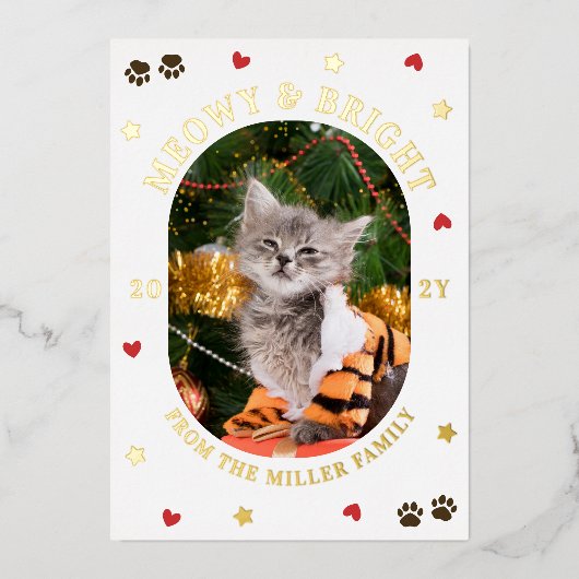 ハート 星 肉球 メオウィー 輝く 猫 クリスマス ゴールド 箔シーズンカード (正面)