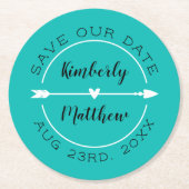ハート&矢印ターコイズ日付の保存 ラウンドペーパーコースター (正面)