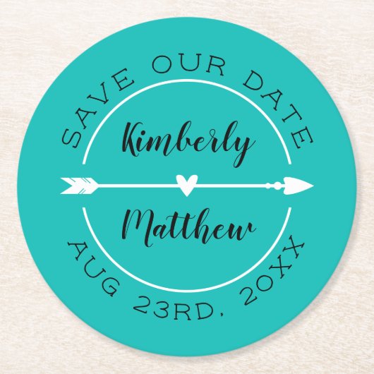 ハート&矢印ターコイズ日付の保存 ラウンドペーパーコースター (正面)