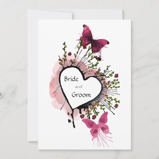 ハート、花と蝶招待状 招待状 (正面)