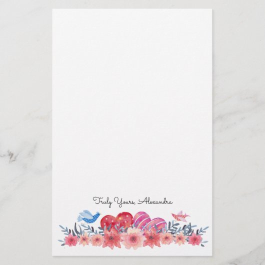 ハート、花、小鳥 |かわいい 便箋 (正面)