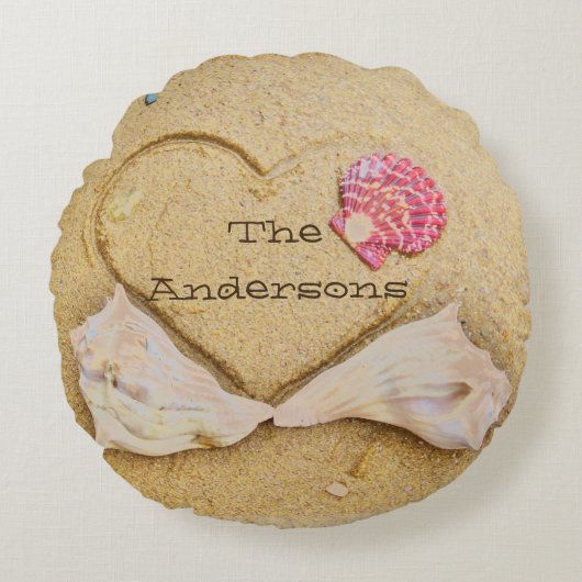 ハート、貝殻、+愛オンビーチカスタム枕 ラウンドクッション (正面)