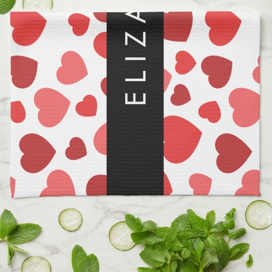 ハート、赤いハート、名前のパターン キッチンタオル (折り畳み)