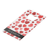 ハート、赤いハート、名前のパターン クレジットカード栓抜き (正面アングル)