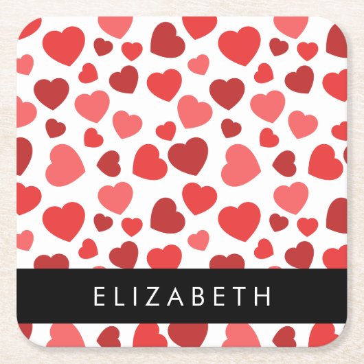 ハート、赤いハート、名前のパターン スクエアペーパーコースター (正面)