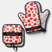 ハート、赤いハート、名前のパターン 鍋つかみ&鍋敷きセット (正面/裏面)