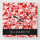 ハート、赤いハート、愛、あなたの名前のパターン スクエア壁時計 (正面)