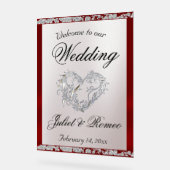 ハート、赤いリボンと輝きの歓迎 アクリルサイン (傾斜)