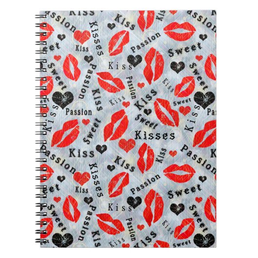 ハート，赤，黒，唇プリント,キス ノートブック (正面)