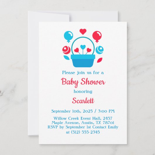 ハート、風船とハートのバスケット 招待状 (裏面)