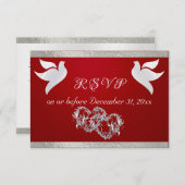 ハート、鳩とリボン – クリムゾン/シルバー 出欠カード (正面/裏面)